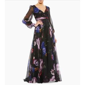Mac Duggal Long Sleeve Floral Chiffon Gown Black Print 67872 Sz 2 NWT Romantic